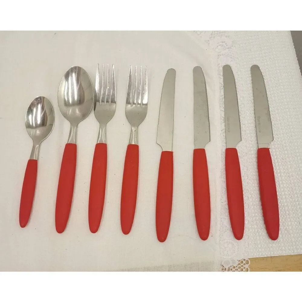 Vintage red plastic handled silverware, miscellaneous pieces